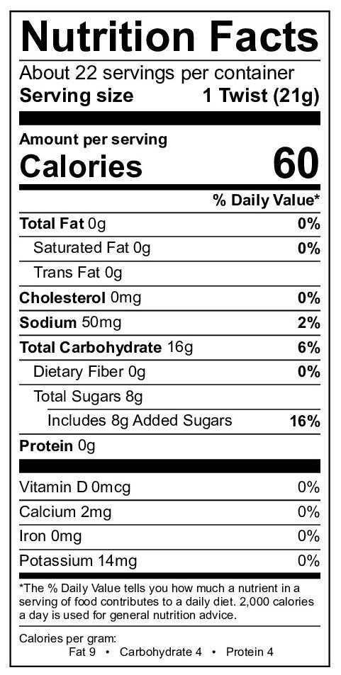Licorice Guy nutritional label for flavored licorices.