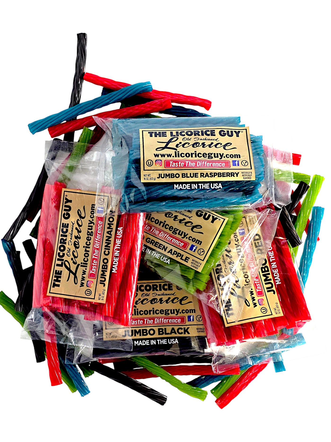 Various bags of licorice from The Licorice Guy in a pile.