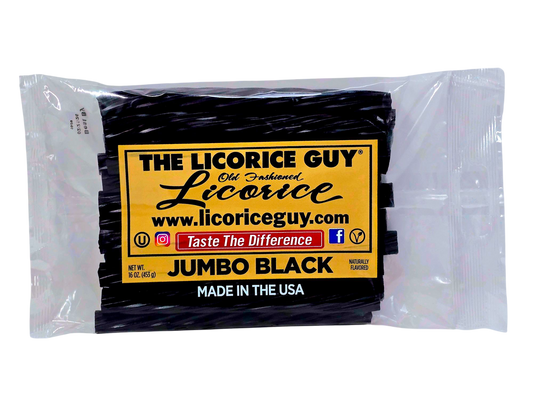 The Licorice Guy Jumbo Black old fashioned licorice, 16 oz bag, naturally flavored, made in the USA.