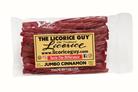 The Licorice Guy Jumbo Cinnamon old fashioned licorice twists, 16 oz resealable bag, made in the USA